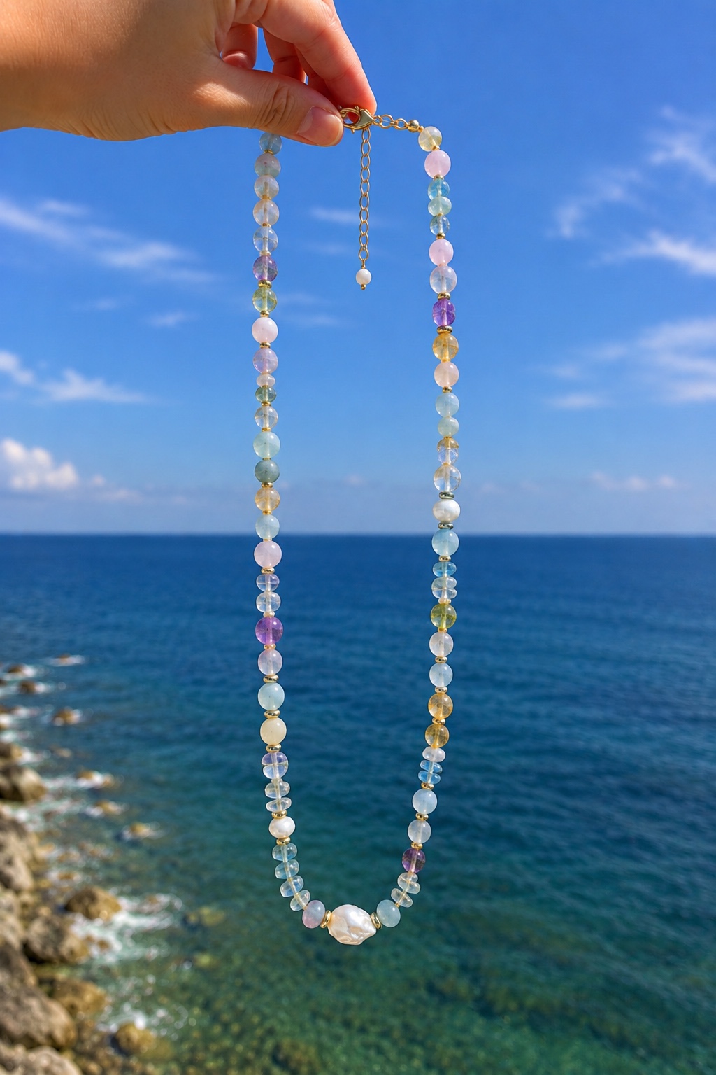 青い海と空を背景に、パールとカラフルな天然石を連ねたロングネックレスを手に持っている写真