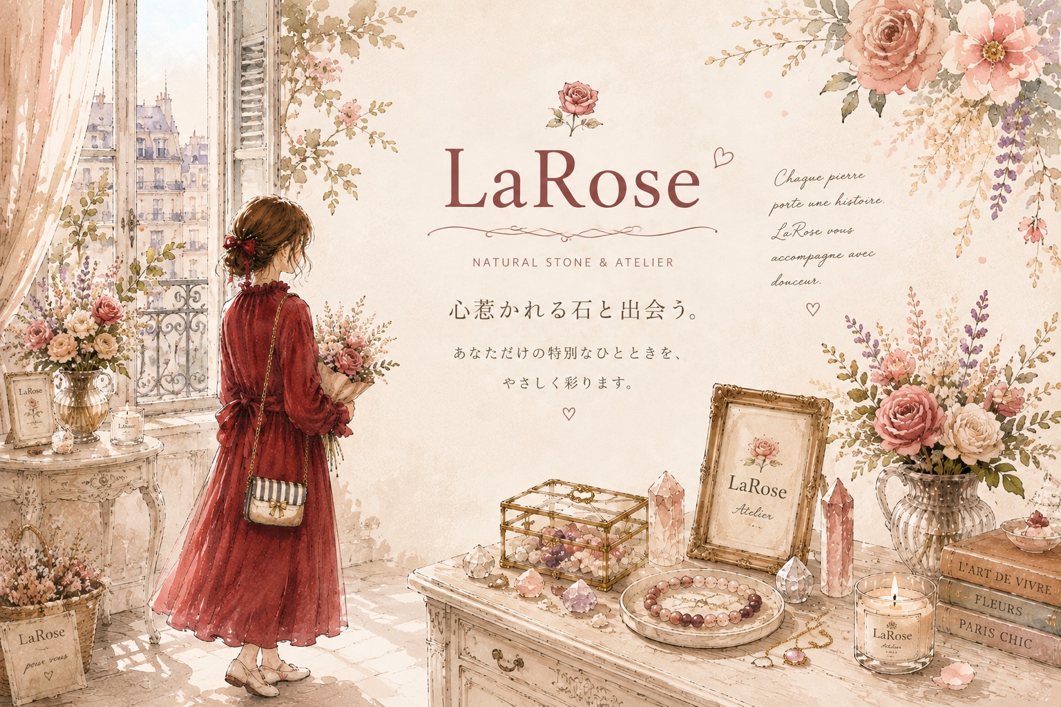 パリの窓辺に立つ赤いドレスの女性がバラの花束を手に外を眺めている。手前のアンティークなドレッサーには天然石のジュエリーボックスやキャンドル、バラの花が飾られ、LaRose・天然石とアトリエ・心惹かれる石と出会う、というコピーが添えられたイメージイラスト
